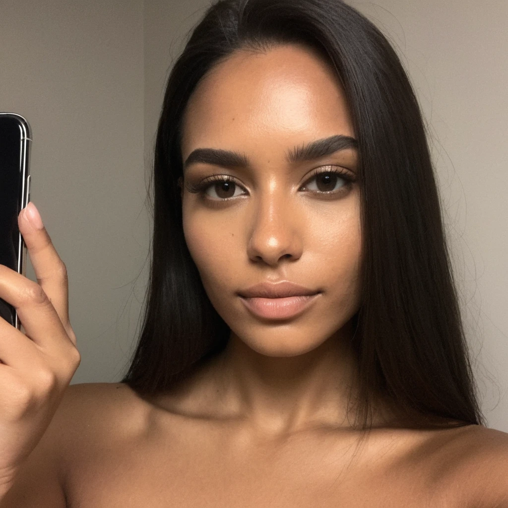 (avant face à la caméra),(Texture de la peau, pores, naturel,iPhone,BRUT)), en mode selfie, éclairage sombre, Corps entier Photo d'une femme portant des cheveux noir, elle est complétement nue avec un corps parfait, gros seins et gros cul, regardant droit vers la caméra, Nikon Z9, peau bronzée réaliste, arrière-plan détailler dans sa chambre,