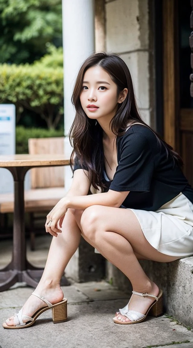 atmospheric perspective, 8k, super detail, accurate, best quality, ((Japanese young actress, round face)), film skin, (correct limbs), ((angle from below)), a woman, blush, the shape of the areola is visible on the shirt, (drooping eyes, sleepy face), emphasize the shape of the breasts, (ecstasy, gasp), ((straddling to hit her crotch on the exposed pipe for masturbation)), (open legs, raise leg), slut, long hair up, winter clothes, shirt, swollen areola, skirt, tiny earring, night, back alley,
