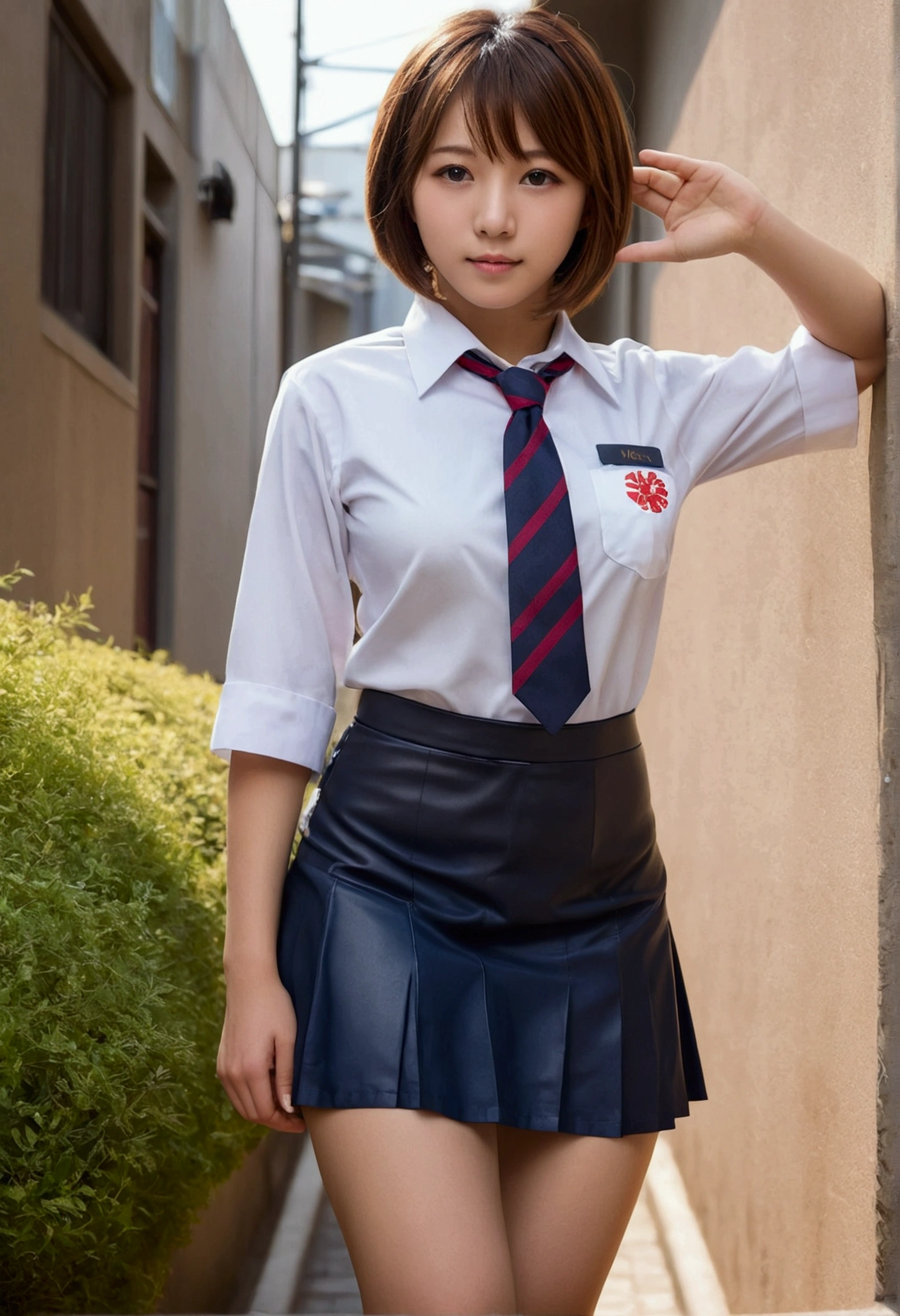 in 8K,top-quality,Real Image,intricate detailes,超A high resolution,Depth Field,masuter piece,natural soft light,profetional lighting,1 girl in,(cute little:1.2),an extremely beautiful ,A detailed eye,((Brown-eyed)),(Brown hair),(short-haired),(bangss),flawless skin,shinny skin,fair white skin,Fine skin,large full breasts,((perfect anatomia,nice hand,perfect hand,Five fingers connected to the palm of the hand,accurate hands without incongruity)),Perfect raw legs,delicate legs,perfectly proportions,A sexy,Chest visible,((Japan uniform)),((School Uniforms mini Skirt)),(neck tie),Black socks,Chano Leather Shoes,Squatting deep in the city,The crotch is visible,Show me your panties around town,both legs are bent,The legs are spread in an M shape,,I can see panties,Delicate thighs visible from the front