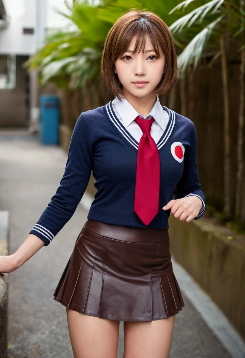 in 8K,top-quality,Real Image,intricate detailes,超A high resolution,Depth Field,masuter piece,natural soft light,profetional lighting,1 girl in,(cute little:1.2),an extremely beautiful ,A detailed eye,((Brown-eyed)),(Brown hair),(short-haired),(bangss),flawless skin,shinny skin,fair white skin,Fine skin,large full breasts,((perfect anatomia,nice hand,perfect hand,Five fingers connected to the palm of the hand,accurate hands without incongruity)),Perfect raw legs,delicate legs,perfectly proportions,A sexy,Chest visible,((Japan uniform)),((School Uniforms mini Skirt)),(neck tie),Black socks,Chano Leather Shoes,Squatting deep in the city,The crotch is visible,Show me your panties around town,both legs are bent,The legs are spread in an M shape,,I can see panties,Delicate thighs visible from the front