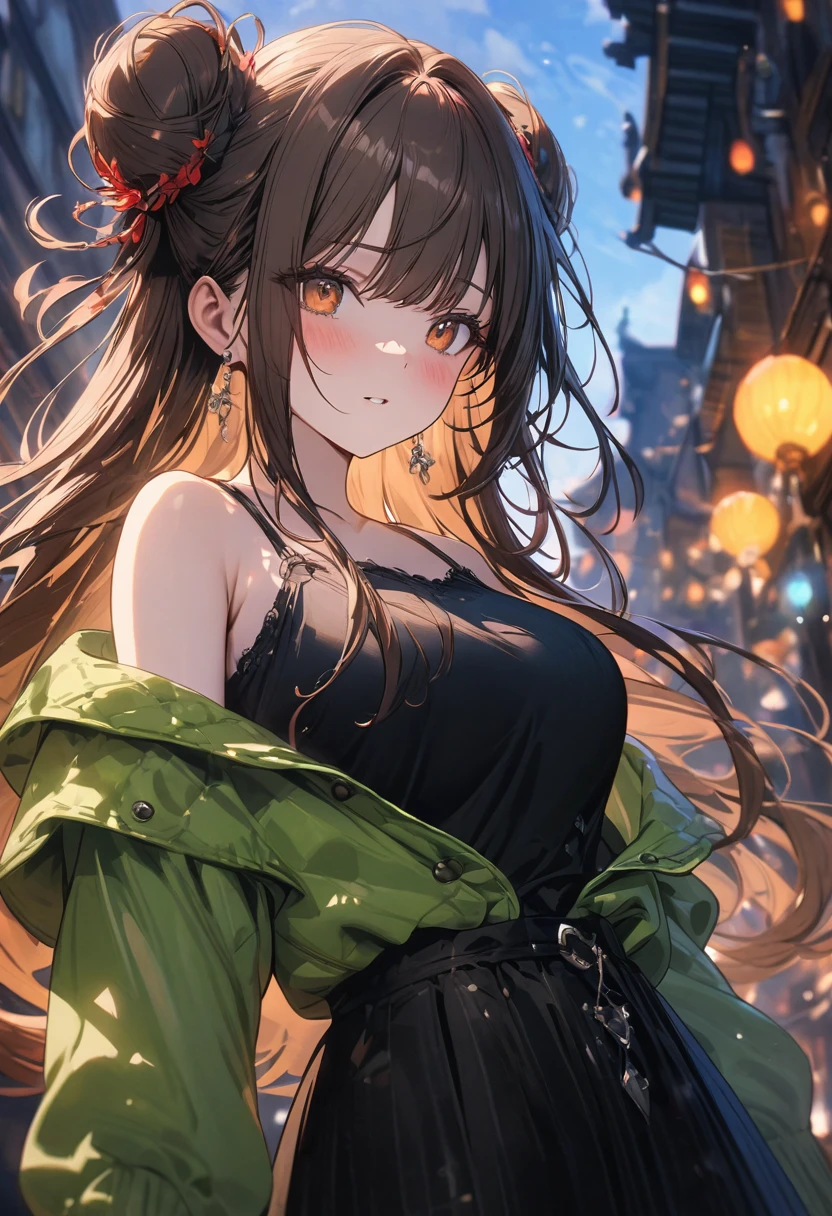 (masterpiece), best quality, very aesthetic, newest, absurdres, detailed, high quality
BREAK
highest quality, top quality, details, highres, ultra fine painting, digital art, official art, cinematic, 4k, 8k resolution, 8K CG wallpaper, CG, original artwork, detailed background, colorful background, blue atmosphere, High Dynamic Range, blurry background, blue hour, Starburst effects, crepuscular rays, good ISO, high resolution, wide shot, from far away, RAW photo, POV, sharp focus, light reflection, reflections, intricate details, soft light, particle noise, professional photography, bokeh, depth of field, natural lighting, vibrant colors, looking away, detailed lights and shadows, stylish, ultra-detailed, top rated on Pixiv, trending on Artstation, niji style, modern-days, master crafted, pose
BREAK
solo, (close up), 1girl, pale skin, correct fingers, detailed hand, (big breasts:1.2), big thighs, small torso, short body, flushtered, blush, anxious expression, embarassed, embarassed act, casual, slim, ((cute, childlike face):1.3), nice body, nice hips, brown hair, (very long flowing hair, 2 buns hairstyle), long bangs, long hair, middle hair bangs, brown eyes
BREAK
((casual straps black tanktop), off shoulders open green hoodie, modest) 
BREAK
Indoors apartment background