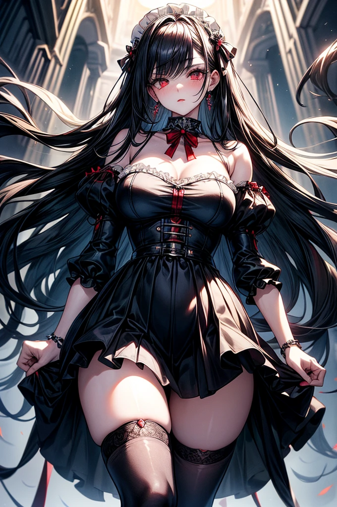 masterpiece, super detailed, precision art, beautiful young woman, 18 years old, waist length straight silky black hair, flawless pale white skin, beautiful blood red eyes, symmetrical face, sexy and beautiful but dangerous and deadly, staring into her eyes is as if you are being marked by a predator, thick and plump blood red lips, slender and athletic body, modest breasts, modest curves, small round ass, tall height(180cm), wearing elegant yet battle ready French maid uniform, thigh-high stockings and detached sleeves, hip level shot