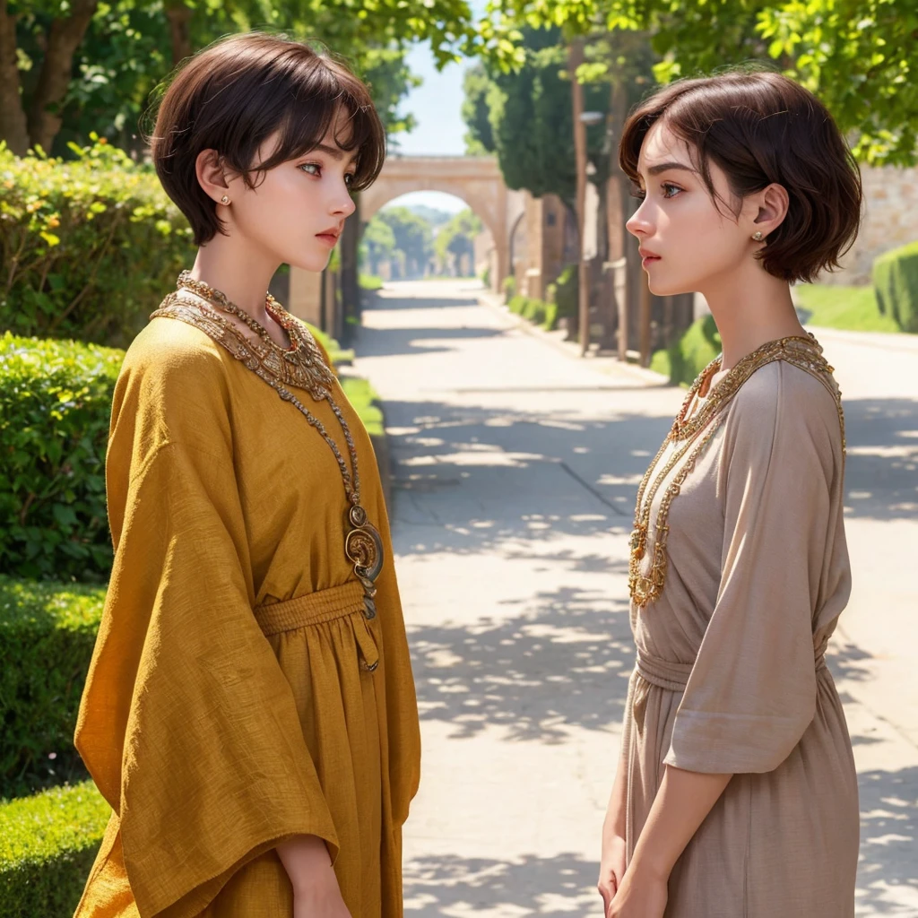 masterpiece, best quality, 8k, super detailed skin, looking off into the distance, jealous, cute, 1girl, short hair, wearing boubou, a secret society of time travelers,