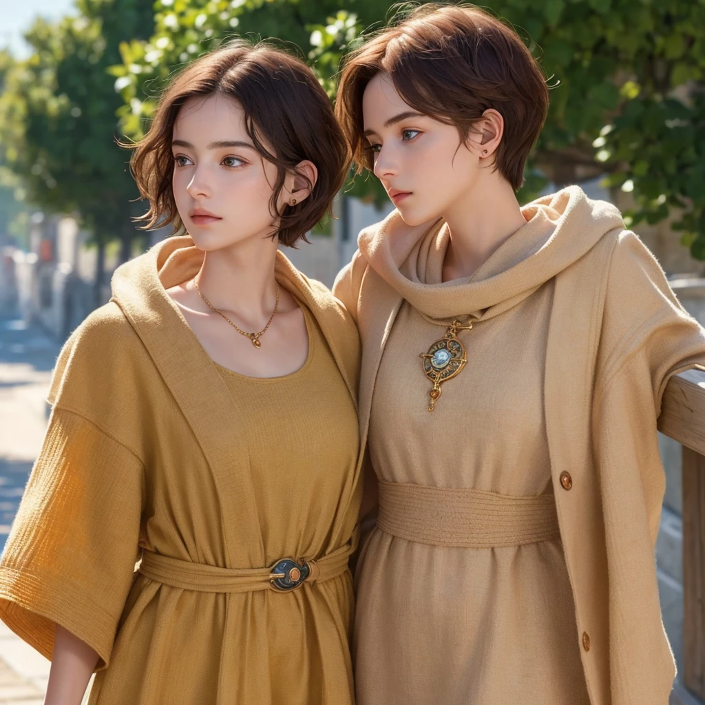 masterpiece, best quality, 8k, super detailed skin, looking off into the distance, jealous, cute, 1girl, short hair, wearing boubou, a secret society of time travelers,