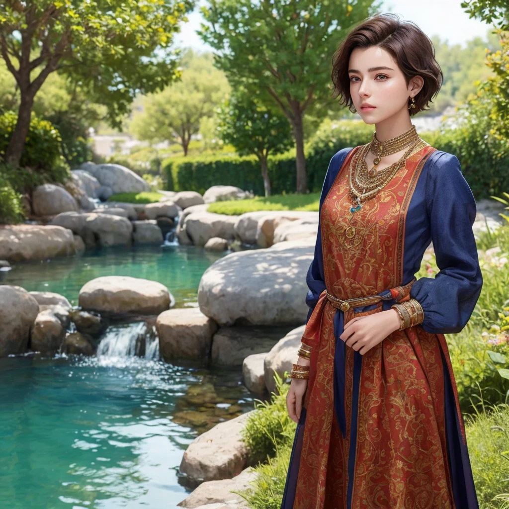 masterpiece, best quality, 8k, super detailed skin, looking off into the distance, jealous, cute, 1girl, short hair, wearing boubou, a secret society of time travelers,
