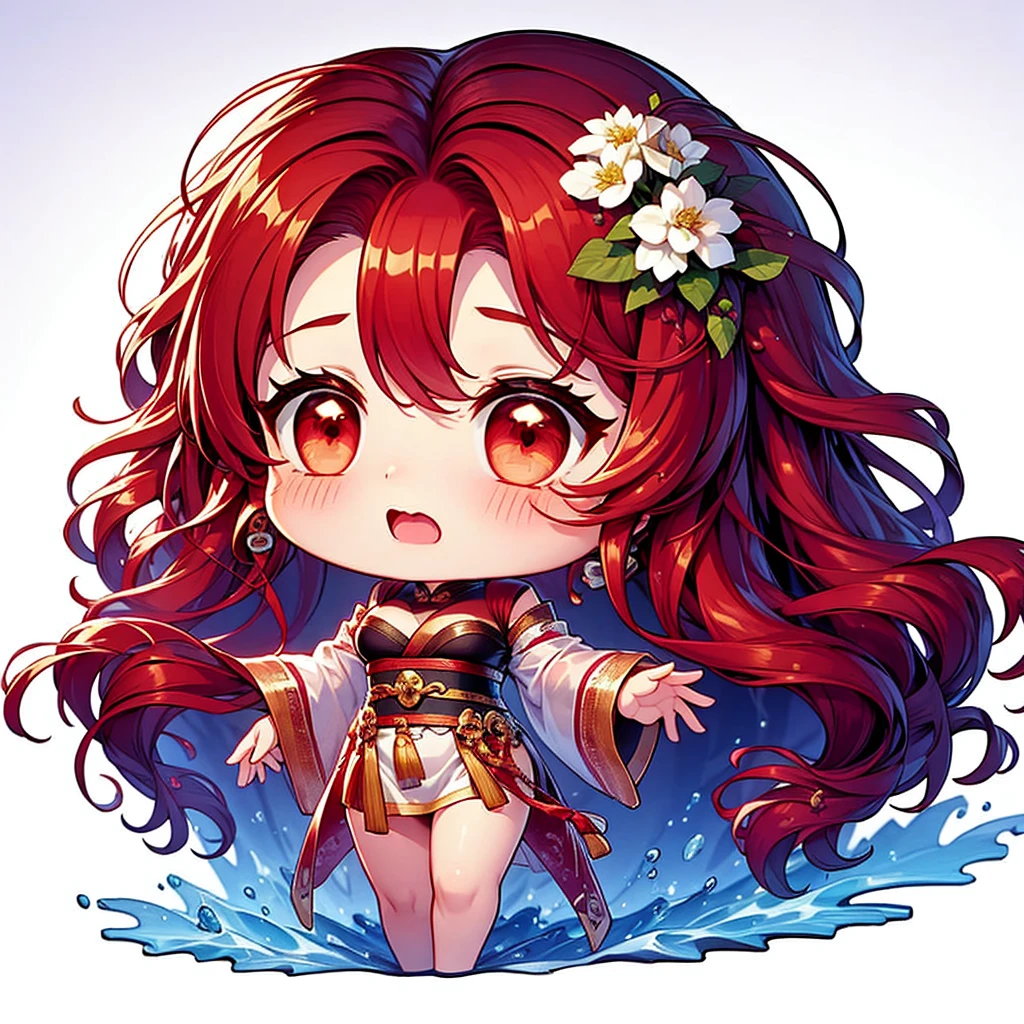 Chibi character pixel art, ((xian mei)), 1 girl, long red hair, standing, Chibi style, shapely breasts, high quality pixel art, Gege Akutami, photography, beautiful, colorful, realistic, masterpieces, top quality, best quality, official art, beautiful and aesthetic, hanfu, perfect anatomy, mini solo chibi, cry, flushed face teary eyes, Baby holding hands, newborn,