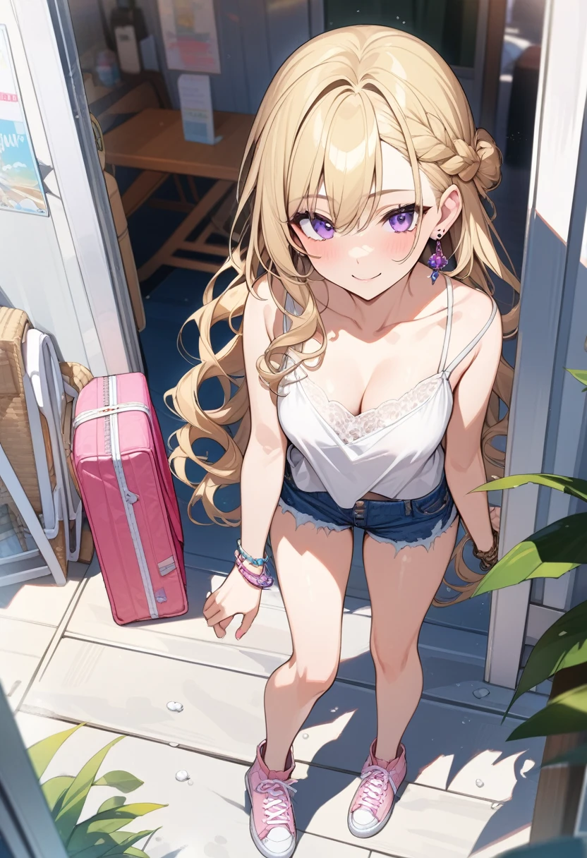 masterpiece, best quality, extremely detailed, ultra detailed, flat anime, 2D,
1girl, (young adult:1.2),blonde hair, (semi-long hair:1.2), curly hair, french braid,medium breasts, tsurime, purple eyes,earring,bracelet,height 1.7meters,
smile, pink sneaker, denim shorts, camisole, beach bag,
{{happy}}, (dynamic:1.7), (full body:1.7), outdoors, summer, facing viewer