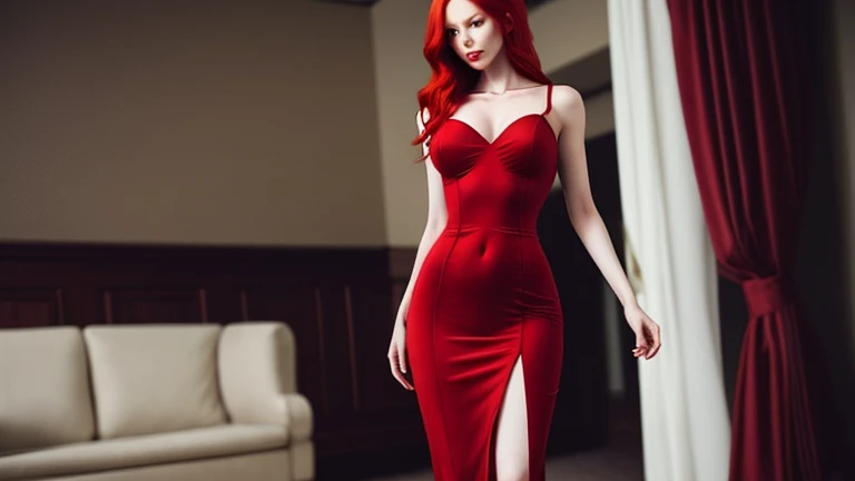 Tall attractive sexy girl, white skin, red lips, long wine red hair, hairstyle with bangs on the side, sexy legs and strong, firm and a little big butt, medium boobs, slim and thin waist golden elegant dress with a cut on the leg, fixed and attractive look