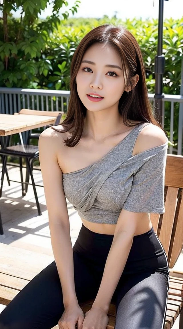 Dark brown hair、Light brown eyes、Japanese actress、 Lady、I am about 40 years old.....、(Intricate details:1.2)、(Which is the top?????:1.4)、 (Ultra-high resolution:1.2)、Ultra-high resolution、(fine adjustment)、(Detailed facial features)、Hmph、8k resolution、D cup size breasts、Long Hair、1 girl, Deep sorrowの表情, (Very detailedな美しい顔), (Crop top:1.4)、(Sportswear leggings:1.4)、(Expose your shoulders:1.3), (Highest quality:1.4), (Very detailed)、Beautiful fair skin with transparency, Sitting、Open your mouth a little、Beautiful legs、Deep sorrow、Pose of Weakness、Obscene pose、Terrace cafe by the sea、Cafe table、カフェの椅子にSitting、The sun shines、Angels、Top View、