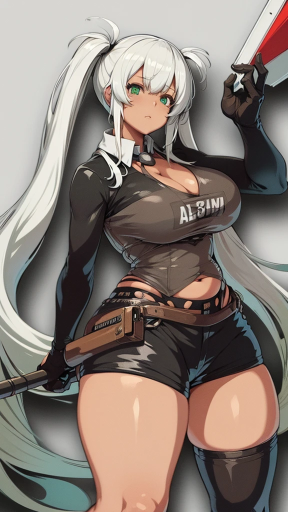 Anime, 1 girl, Alabama Def, white hair, large Double Pigtails hairstyle, big round breasts, chunky body, perfect anatomia, military's uniform, green eyes, expressive eyes, Holding a mechanical spear