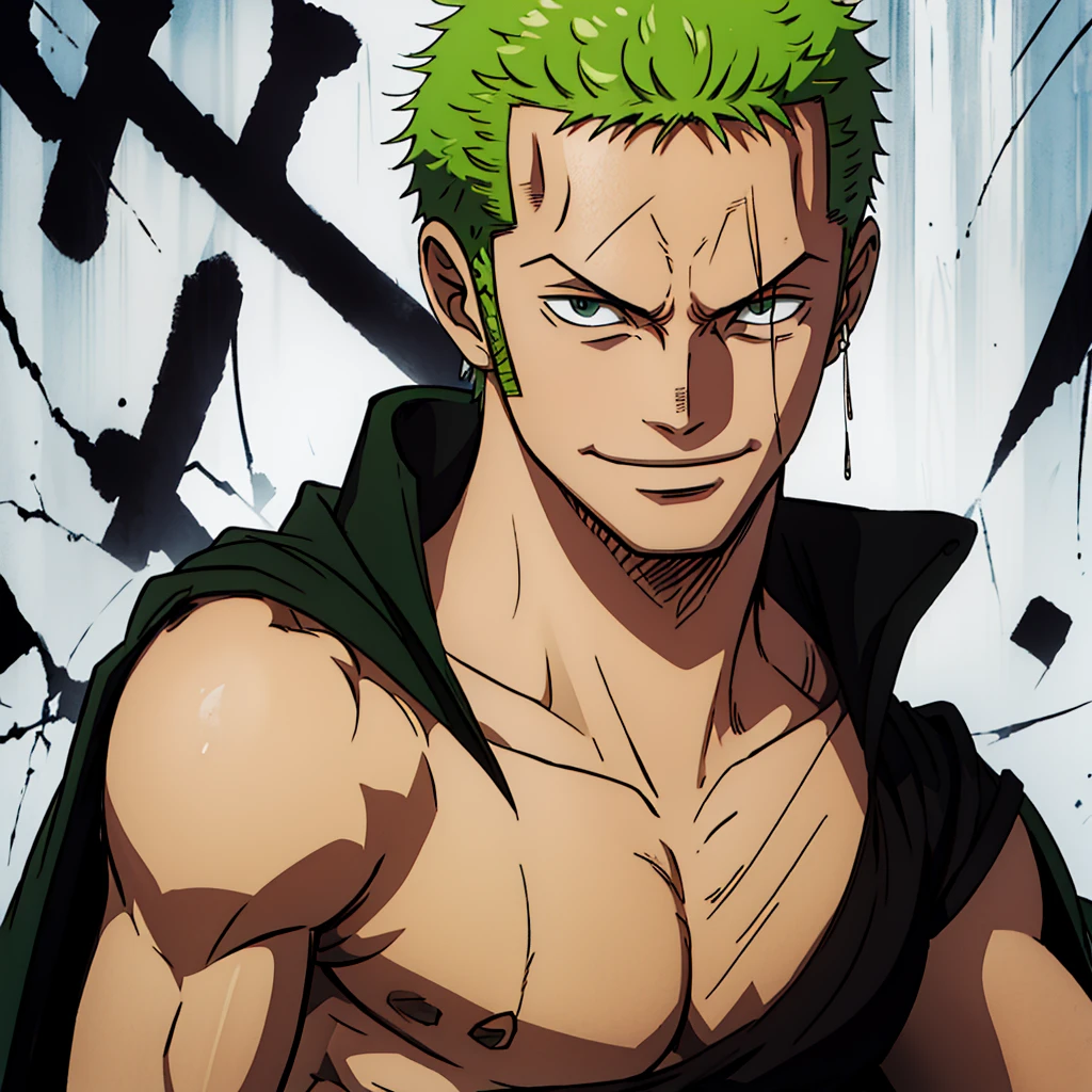 "Zoro:1.2, sporting a stylish black plain t-shirt:1.1, exuding a cool demeanor, direct gaze towards the camera, captured in a half-body shot with a slight smile."