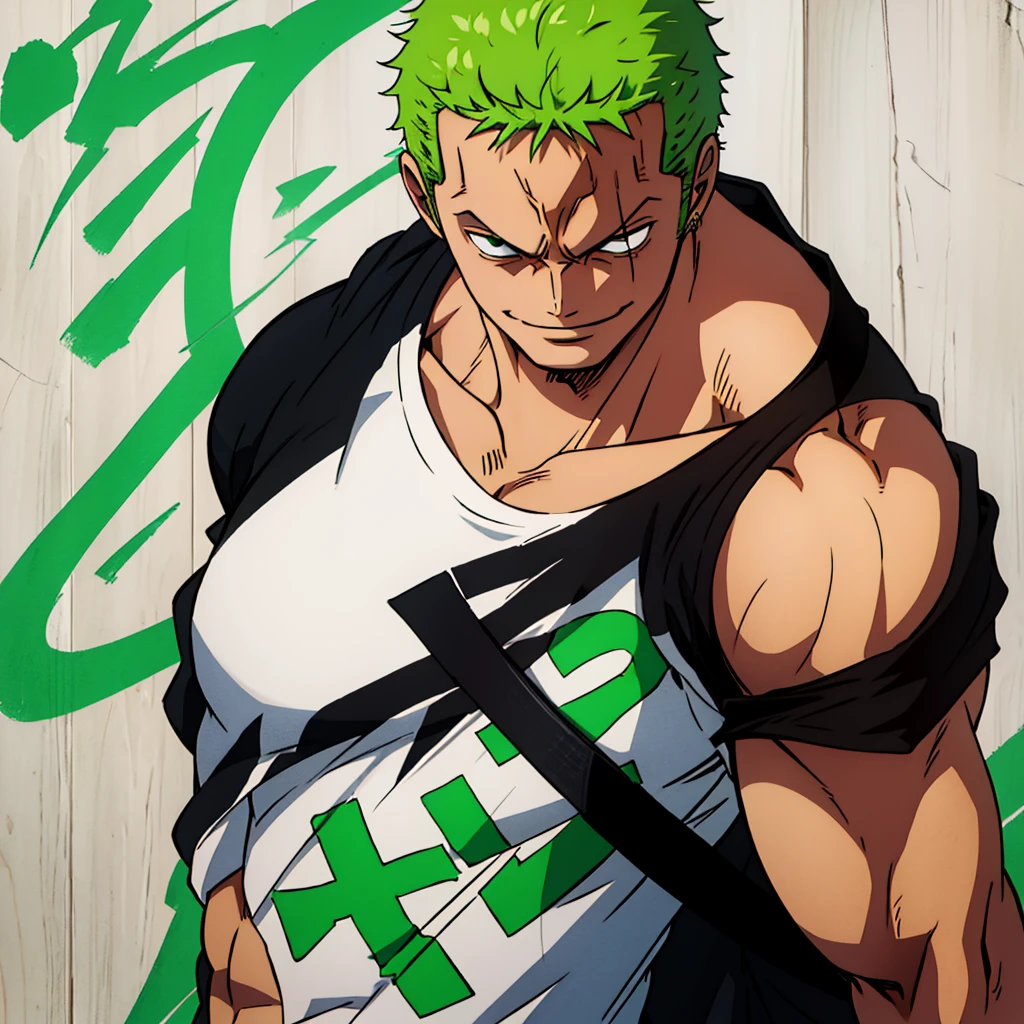 "Zoro:1.2, sporting a stylish black plain t-shirt:1.1, exuding a cool demeanor, direct gaze towards the camera, captured in a half-body shot with a slight smile."