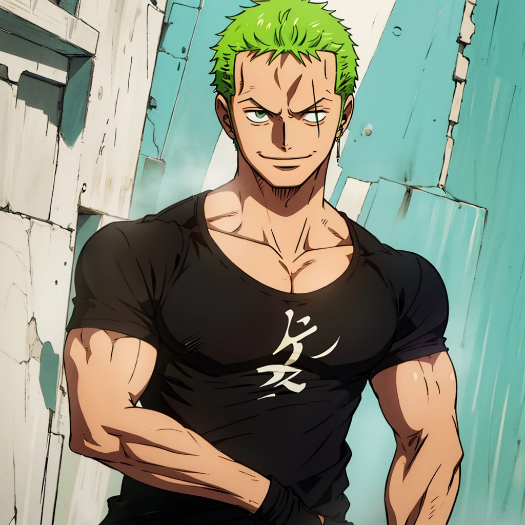 "Zoro:1.2, sporting a stylish black plain t-shirt:1.1, exuding a cool demeanor, direct gaze towards the camera, captured in a half-body shot with a slight smile."