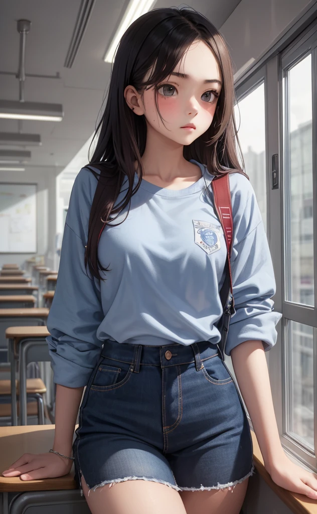 (((skinny age girl))), school, (wary:0.3), (scared:0.3), looking to the side, masterpiece, very detailed,