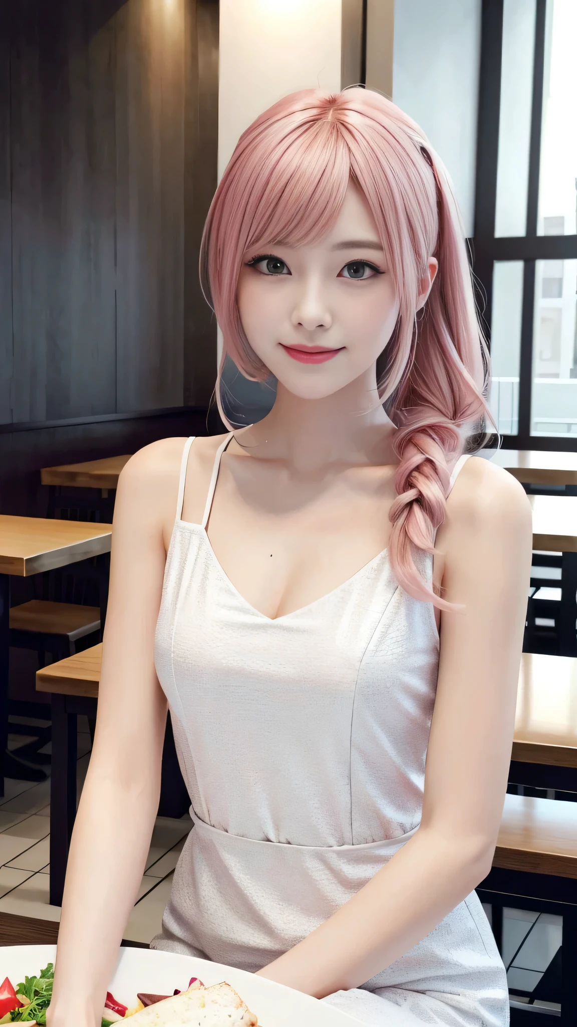 A woman with pink hair and a white dress, Anime realism style, Unreal 5. RPG Portrait, cgsociety portrait, Realistic art style, Smooth anime CG art, Photorealistic Anime Girl Rendering, Realistic anime 3D style, Loss Draw 1. 0, Realistic 3D animation, ArtJam ; 3d unreal engine, Realistic anime art style，The background is the interior of a restaurant，There is a steak dinner on the table、Have a knife and fork、The best smile、Side Ponytail、