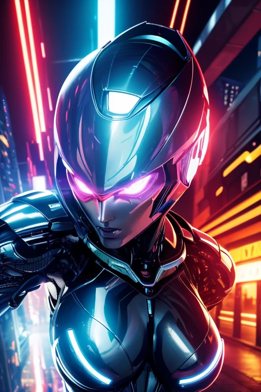 a woman robot from 2099, extremely detailed, cinematic lighting, dramatic pose, neon cyberpunk city background, hyper realistic, 8k, award winning digital art, intricate machinery, glowing eyes, chrome metal skin, dynamic composition, stunning colors, photorealistic, chiaroscuro lighting, elegant and powerful, futuristic, cinematic angle