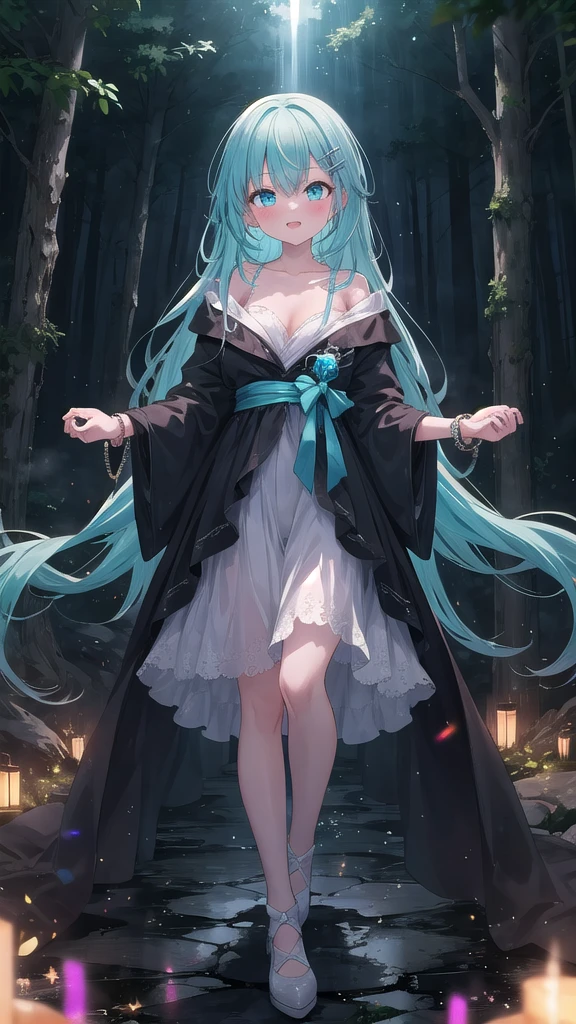 (8K, best quality, master piece: 1.2),super high resolution,1 girl, solo, full body ,ultra-detailed face, blush, Rainbow hair, (long hair:1.3), thin hair clip, cyan colorshift eyes, expressive eyes, collarbone, Ecstatic expression, mystical robe, bracelets ,She stands in an ancient, misty forest, with the faint glow of her magic illuminating the surroundings.