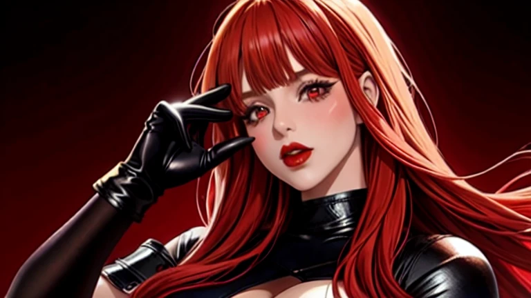 One girl, Blonde, alone, Long Hair, Red eyes, gloves, multicoloRedhead, View your viewers, black gloves, Redhead, Red background, Striped Hair, Red lips, Upper Body, bangs,Red Theme,Bad boy, Large Breasts,Glowing Skin,(Mature Woman),