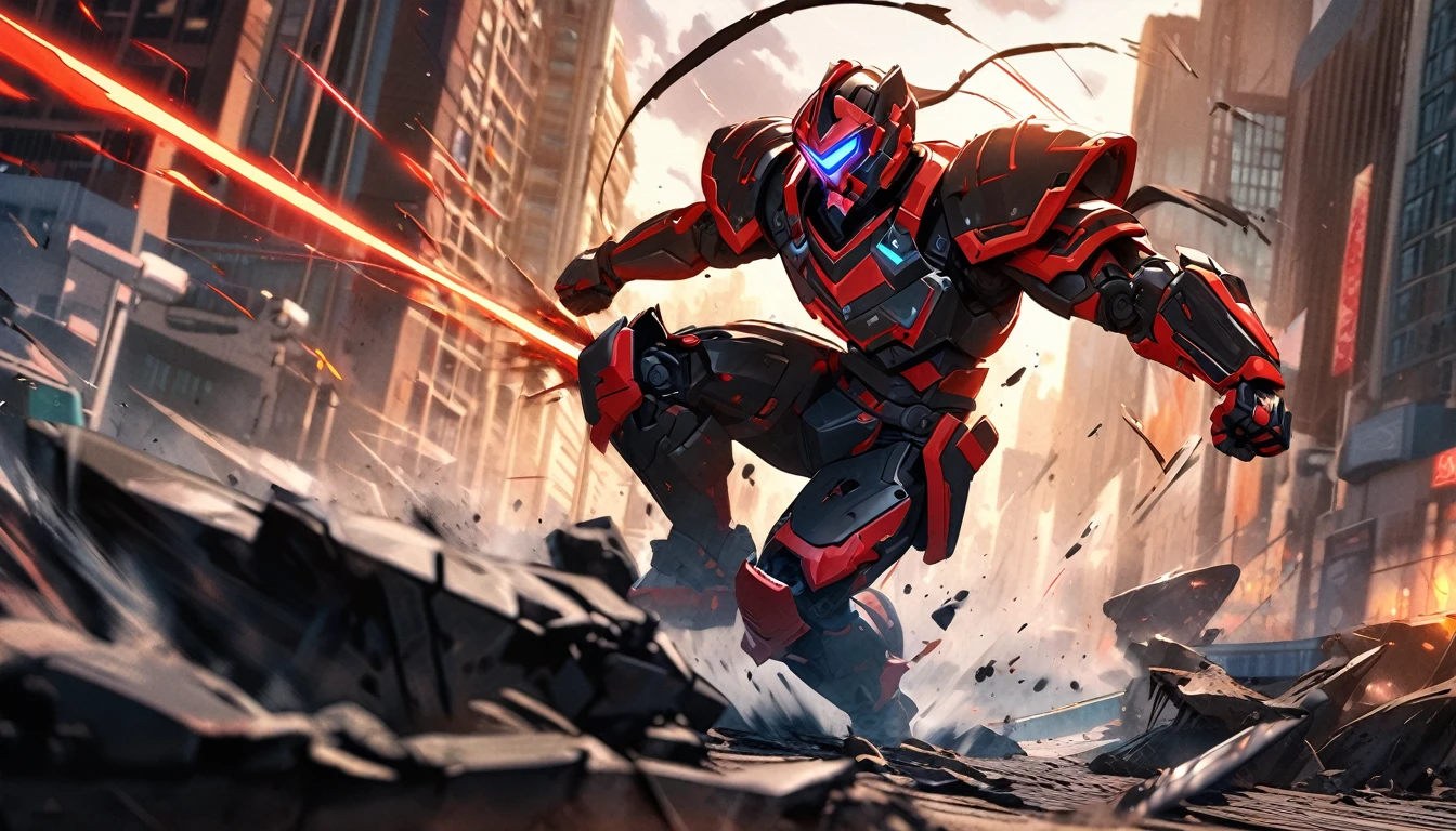Large Mech like suit ready for battle, Downtown Vancouver, high-quality artwork, anime style, vibrant colors, detailed metal armor, intense lighting, cityscape background, heroic pose, dramatic shadows, carbon fiber black suit with red stripe highlights, repulser cannons on shoulders, dynamic motion, slams fist into the ground,, hockey goalie faceplate, hockey goalie visor, grey visor covering face, epic superhero