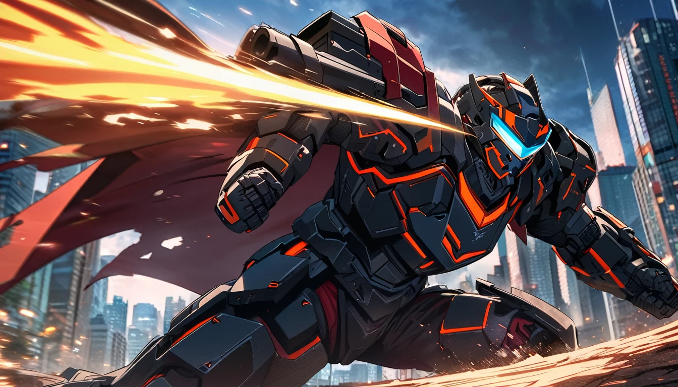 Large Mech like suit ready for battle, Downtown Vancouver, high-quality artwork, anime style, vibrant colors, detailed metal armor, intense lighting, cityscape background, heroic pose, dramatic shadows, carbon fiber black suit with red stripe highlights, repulser cannons on shoulders, dynamic motion, slams fist into the ground,, hockey goalie faceplate, hockey goalie visor, grey visor covering face, epic superhero
