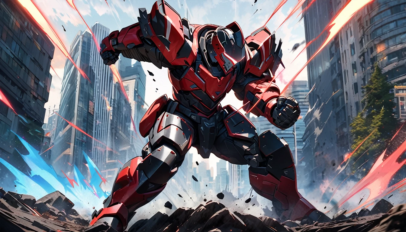 Large Mech like suit ready for battle, Downtown Vancouver, high-quality artwork, anime style, vibrant colors, detailed metal armor, intense lighting, cityscape background, heroic pose, dramatic shadows, carbon fiber black suit with red stripe highlights, repulser cannons on shoulders, dynamic motion, slams fist into the ground,, hockey goalie faceplate, hockey goalie visor, grey visor covering face, epic superhero