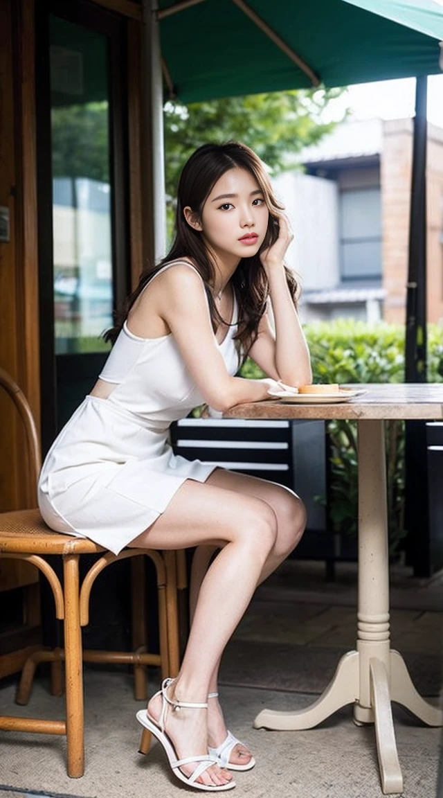 Dark brown hair、Light brown eyes、Japanese actress、 Lady、I40歳くらいです..、(Intricate details:1.2)、(Which is the top??????:1.4)、 (Ultra-high resolution:1.2)、Ultra-high resolution、(fine adjustment)、(Detailed facial features)、Hmph、8k resolution、D cup size breasts、Long Hair、ロサンゼルス Shade Awning サン&Shade Awning、Terrace Cafe、Cafe tables lined up、Cafe chair、relax、、,Full body photo、Head to toe shot、Beautiful legs、White camisole、mini skirt、Blackpink Jenny I、Take this photo、Beautiful legs、she, Fashion Hub, Attention to detail, Very detailed, Realistic, Hourglass Shaped Body, Obscene pose,Leaning against a wall、Please lift your chin up a little.....、Poses that make you feel weak、Are crying、Deep sorrow、My eyes and cheeks are wet with tears、A cafe surrounded by white flowers、Very sandals、Place your elbows on the table、Place your chin on your hand、