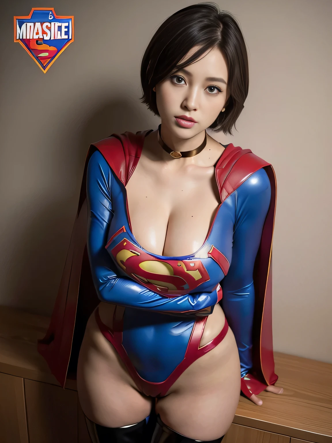 masterpiece、Rubber Supergirl Costume、short hair、Rubber Long Boots、Big and ample breasts、shiny sweaty skin、looking at the camera、choker、Long sleeve、Sexy poses to seduce、Off the shoulder、latex、From the front、athlete、High leg leotard、Red Cape、Beautiful thighs、Photo magazine cover、Arms crossed、wallpaper for pc、