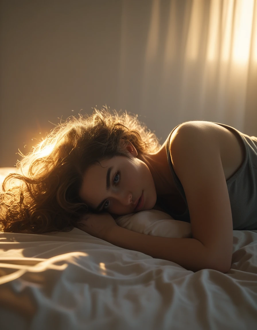 The image is a detailed illustration of a woman with long big tits, nude, flowing hair and a greenish hue, lying on a bed in a relaxed position, wearing a gray tank top, Super resolution, Megapixel, ProPhoto RGB, VR, Bullish, epic, half back lighting, backlights, natural lighting, incandescent light, fiber optics, lighting mood lighting, cinema lighting, studio lighting, soft lighting, volumetric, sharp contrast,