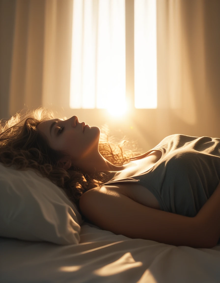 The image is a detailed illustration of a woman with long big tits, nude, flowing hair and a greenish hue, lying on a bed in a relaxed position, wearing a gray tank top, Super resolution, Megapixel, ProPhoto RGB, VR, Bullish, epic, half back lighting, backlights, natural lighting, incandescent light, fiber optics, lighting mood lighting, cinema lighting, studio lighting, soft lighting, volumetric, sharp contrast,