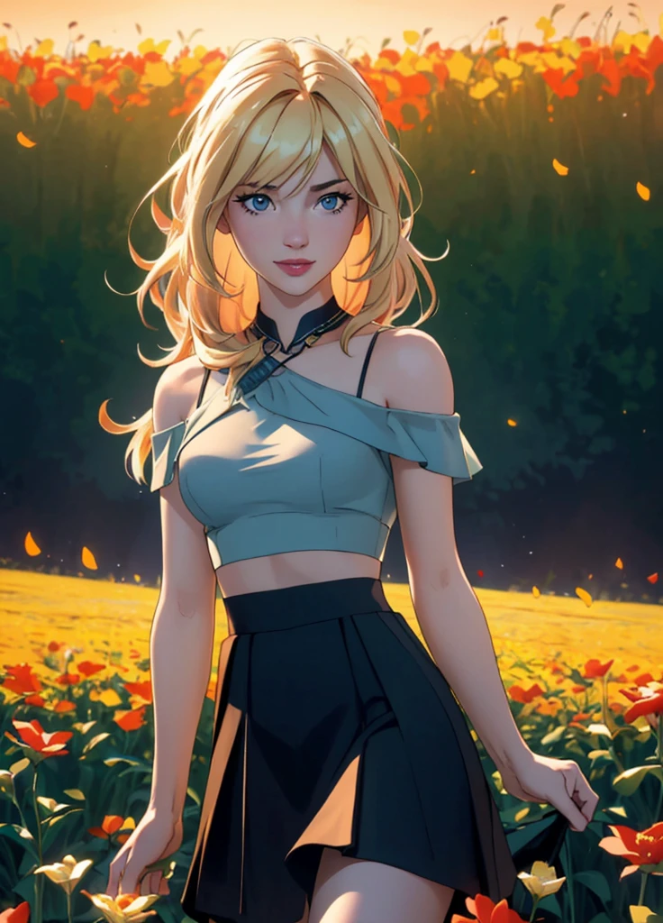 0l1d7,  blonde hair,, (32K resolution, masterpiece, ultra high quality, best quality, ultra high definition, perfect anatomy, Incredibly detailed, RAW,, photorealistic, cinematic lighting, exquisitely detailed, extremely intricate, 8k UHD, high resolution), (1girl), cropped  off-shoulder tank top,  skirt, elegant hair, standing in the middle of a flower field,  seductive smile, dynamic vivid colors