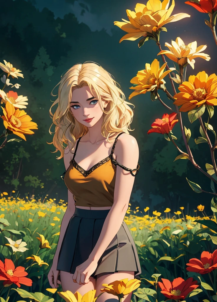 0l1d7,  blonde hair,, (32K resolution, masterpiece, ultra high quality, best quality, ultra high definition, perfect anatomy, Incredibly detailed, RAW,, photorealistic, cinematic lighting, exquisitely detailed, extremely intricate, 8k UHD, high resolution), (1girl), cropped  off-shoulder tank top,  skirt, elegant hair, standing in the middle of a flower field,  seductive smile, dynamic vivid colors