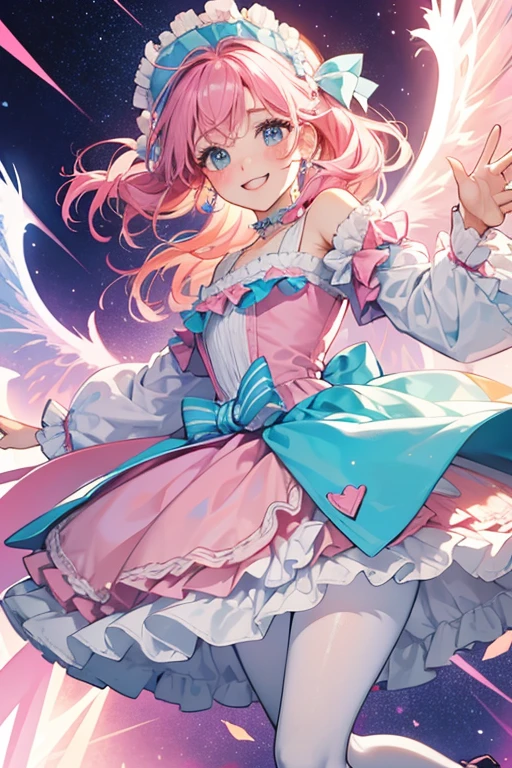 Smile E. has fair skin with peachy-pink blushing cheeks, two sections of freckles beneath her eyes, and light pink hair. She has plain bangs with two strands in the enter curling inward. Her hair is fully worn up in nine tight coils around her head, with a single magenta hair bow.

Smile wears a blue and white striped top with a multi-layer blue tulle skirt with shimmery circled pieces in it. Over this is a silk magenta jacket with white neck, light blue frilled lining, and blue tulle on the ends of the sleeves. She also has white and pink striped pantyhose and magenta boots with light pink pom poms and white tops. There is also a pink pair of wings on her back.  SPARKLE; GLITTER