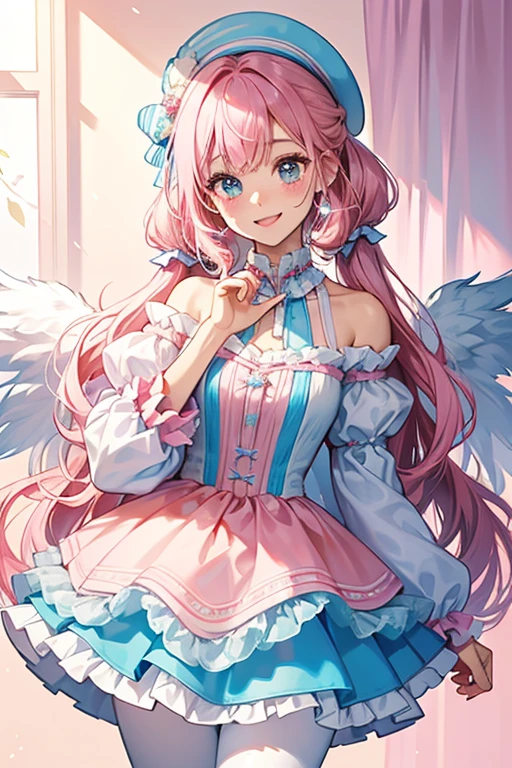 Smile E. has fair skin with peachy-pink blushing cheeks, two sections of freckles beneath her eyes, and light pink hair. She has plain bangs with two strands in the enter curling inward. Her hair is fully worn up in nine tight coils around her head, with a single magenta hair bow.
Smile wears a blue and white striped top with a multi-layer blue tulle skirt with shimmery circled pieces in it. Over this is a silk magenta jacket with white neck, light blue frilled lining, and blue tulle on the ends of the sleeves. She also has white and pink striped pantyhose and magenta boots with light pink pom poms and white tops. There is also a pink pair of wings on her back. SPARKLE; GLITTER