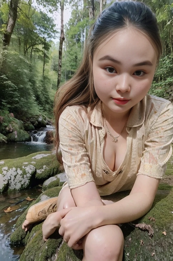 cute girl, brown hair, (full body), wearing medieval long cotton nightie clothes, sitting on a rock, feet in the water, Drenched hair, The background is a forest, sunset, (masterpiece, best quality, award winning, highres), skinny, intricate and beautiful design, highly detailed beautiful face, super detailed beautiful eyes, light smile, sitting near stream, forest, leaves flow, windy, sun lights through forest, fantasy art, dynamic lighting, cinematic lighting, hyper realistic, extremely CG detail, octane render, (artistic + masterpiece:1.4), (incredibly detailed eyes), (8k, Photorealistic, Photo RAW, Best quality: 1.4), (UHD), (Ultra high realism), (Ultra high definition), (Ultra high detail), (Realistic face), Beautiful hairstyle, Realistic bright amber eyes, Beautiful details, (Realistic skin), Pale, smooth and luminous skin with iridescent shine and no imperfections, Ultra high definition, Ultra realistic, Highly detailed, (Cleavage: 0.8)