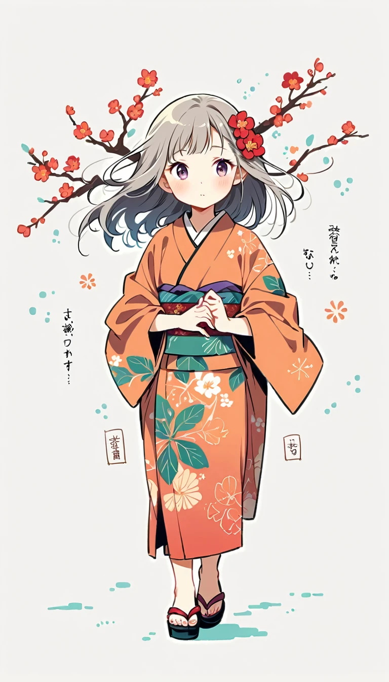 white background, Fujichoco style, kimono, (((The Most Beautiful Girl))),  gray hair, ((plum tree)), simple background, Simple line initialism, full body, 
