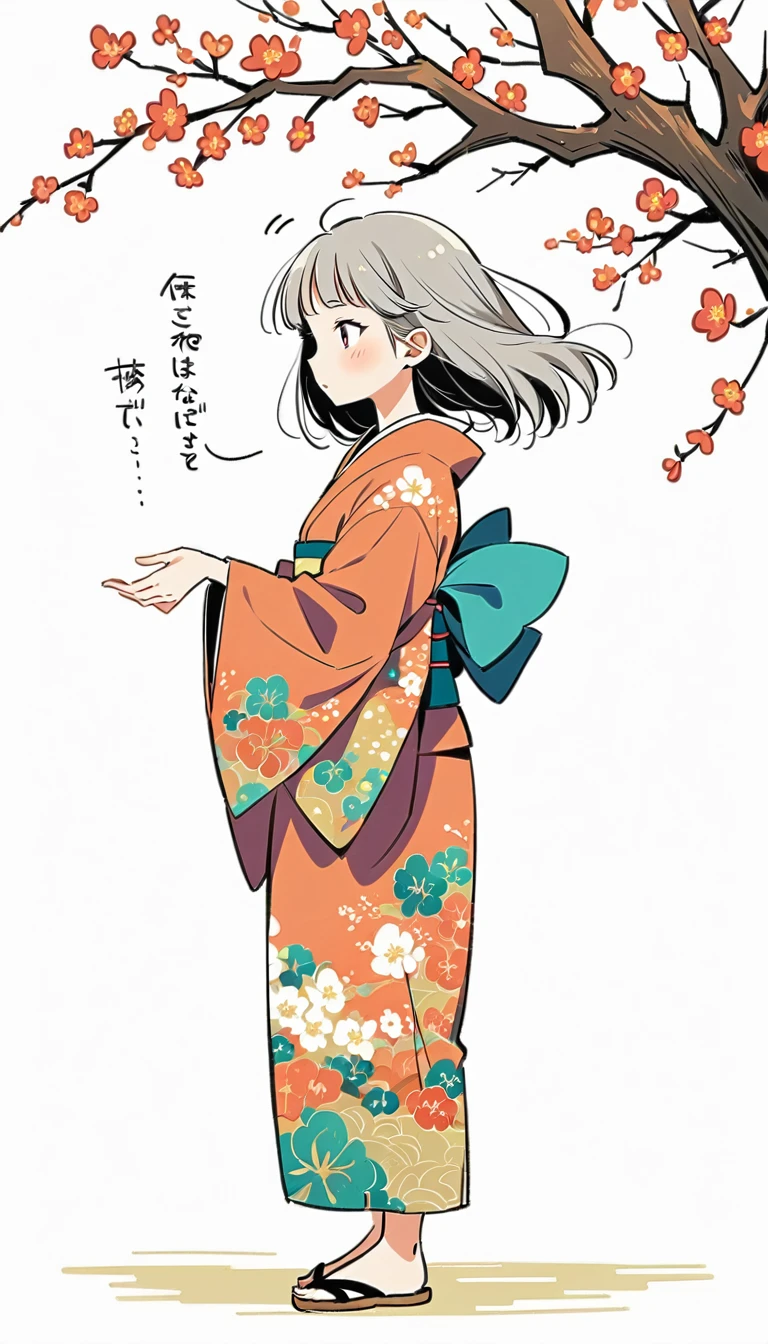 white background, Fujichoco style, kimono, (((The Most Beautiful Girl))), gray hair, ((plum tree)), simple background, Simple line initialism, full body,