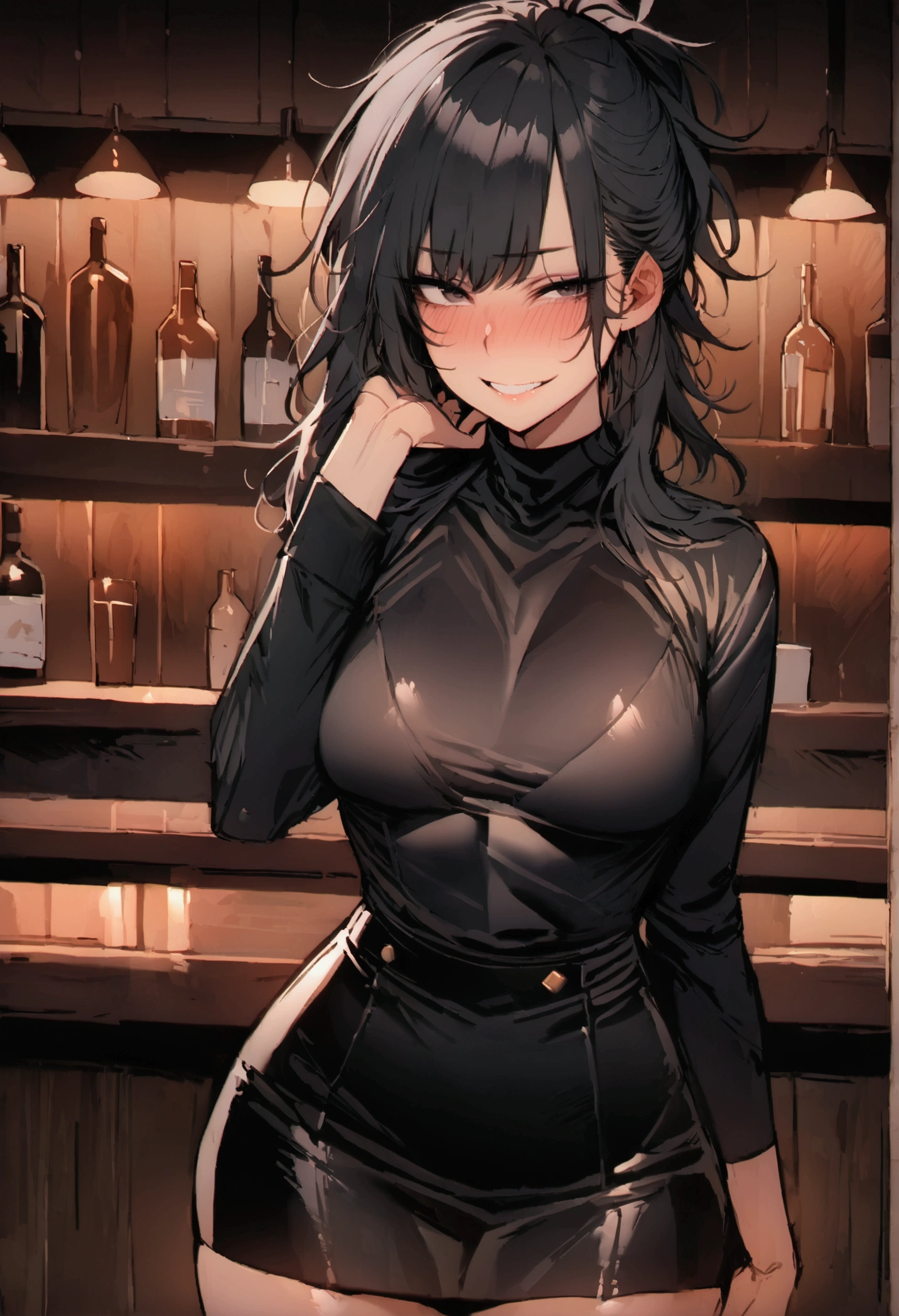masterpiece, best quality 1girl, solo, beautiful woman, dark tanned skin, bangs, black hair, shoulder length messy hair, black eyes, deep blush, grin, medium breasts, black turtle neck sweeter, short black skirt, plated skirt, looking at viewer, bar background