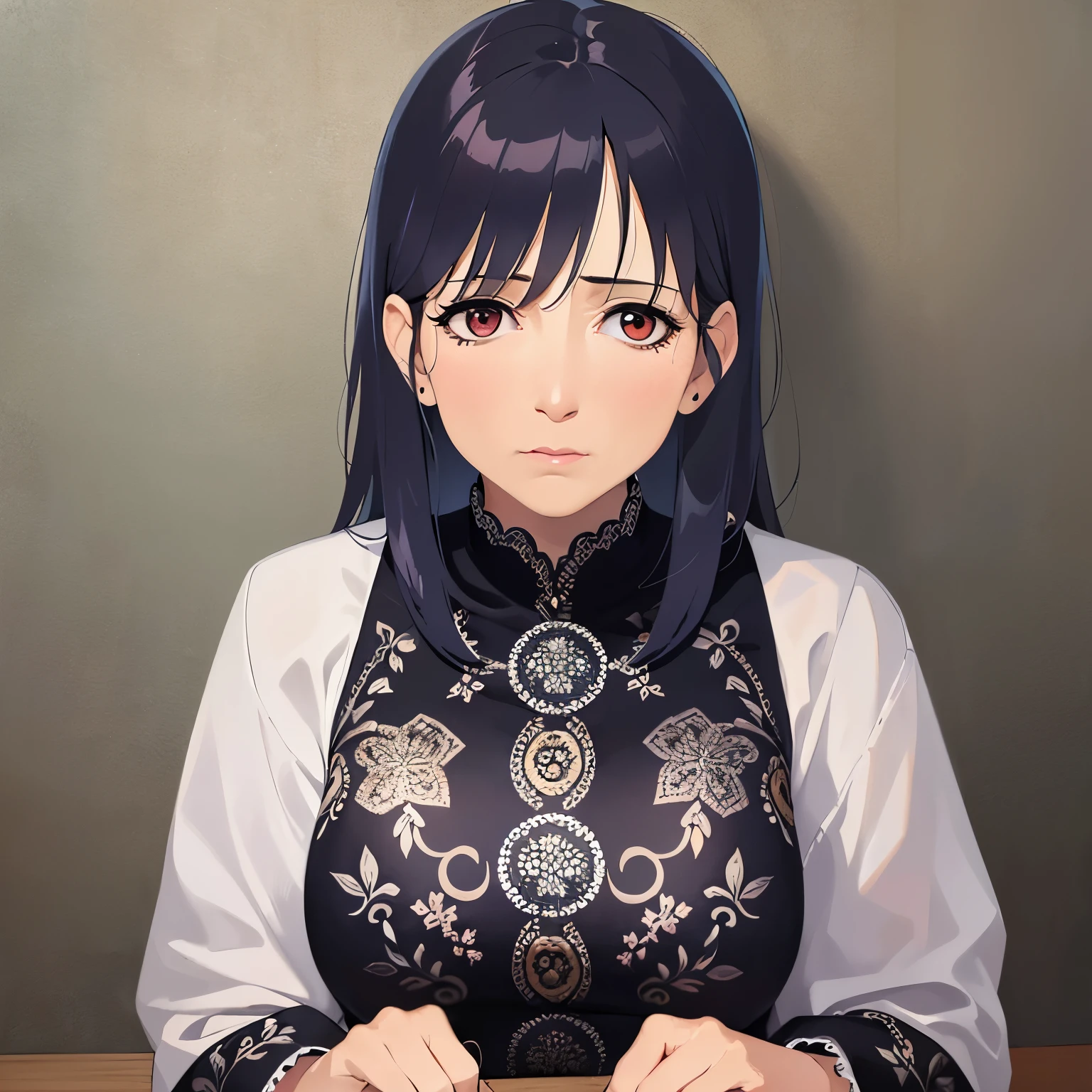 Realistic, real person, RAW photo, photorealistic, portrait photography, shiny skin, japanese idol、 Black Hair、Medium hair with bangs、(orenge eyes:1.2), (60 year old grandmother:2)、 Wearing a grey cut-and-sew top、worried, Are standing, Dining background、Alone、Hands on cheeks
