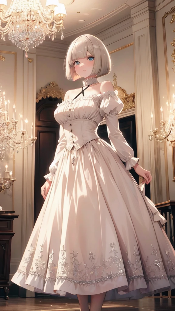(8K, best quality, master piece: 1.2),super high resolution,1 girl, solo, full body ,ultra-detailed face, blush, platinum blonde hair, (bob cut:1.3), thin hair clip, cyan colorshift eyes, expressive eyes, collarbone, Ecstatic expression, Victorian gown, high collar, full skirt, She is standing in a grand ballroom with chandeliers and ornate decorations.