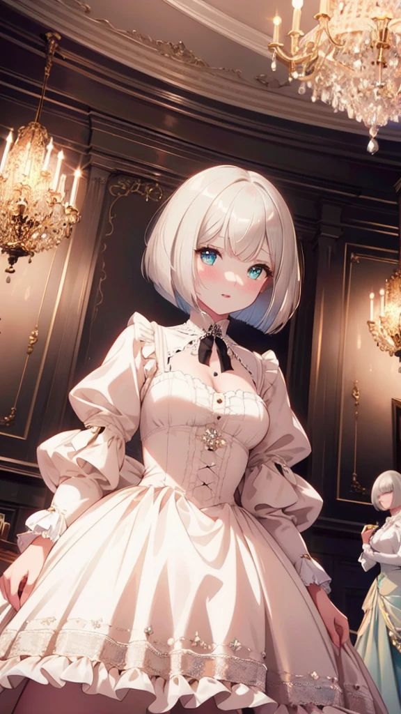 (8K, best quality, master piece: 1.2),super high resolution,1 girl, solo, full body ,ultra-detailed face, blush, platinum blonde hair, (bob cut:1.3), thin hair clip, cyan colorshift eyes, expressive eyes, collarbone, Ecstatic expression, Victorian gown, high collar, full skirt, She is standing in a grand ballroom with chandeliers and ornate decorations.