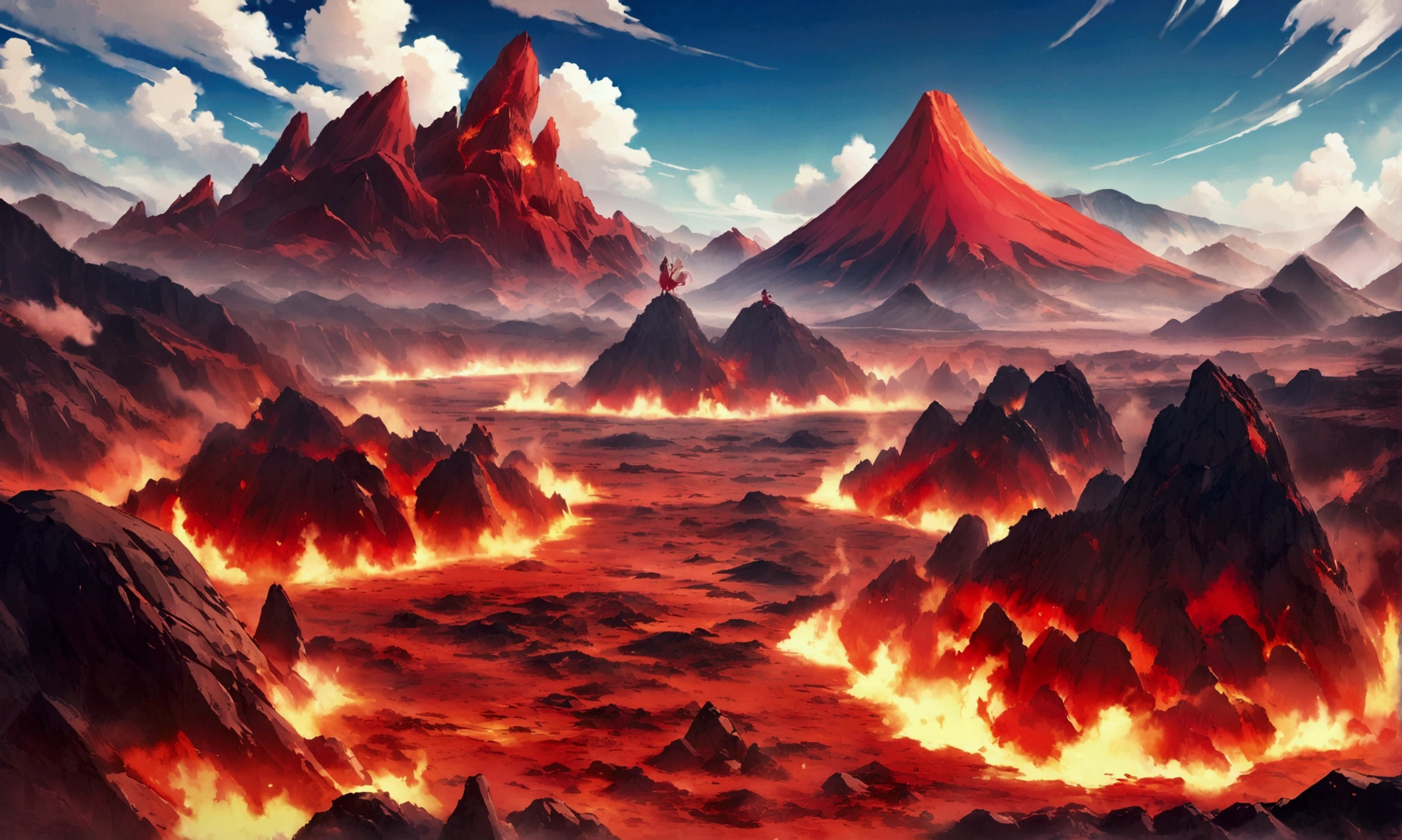 Natsu from the anime Fairy Tail, full HD, vibrant and vivid colors, many shades of red, dragons in the background, volcanic location, sky with fiery asteroids
