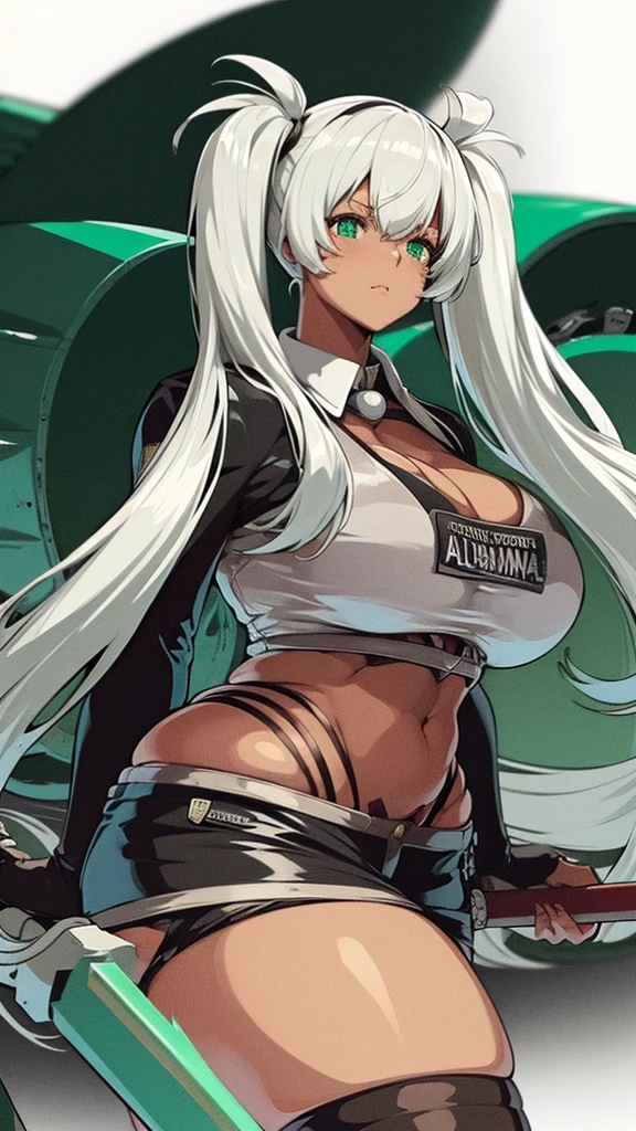 Anime, 1 girl, Alabama Def, white hair, large Double Pigtails hairstyle, big round breasts, chunky body, perfect anatomia, military's uniform, green eyes, expressive eyes, Holding a mechanical spear, large wasteland as background