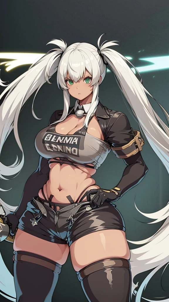 Anime, 1 girl, Alabama Def, white hair, large Double Pigtails hairstyle, big round breasts, chunky body, perfect anatomia, military's uniform, green eyes, expressive eyes, Holding a mechanical spear, large wasteland as background