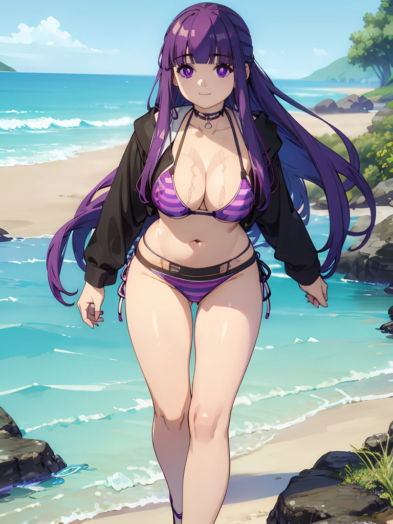 masterpiece, best quality, absurdres, 1girl, solo, FernFrieren, purple pupils, long hair, half updo, (bikini:1.8), cleavage, standing, leaning forward, smile, outdoors, beach scene,  (masterpiece:1.0),(best_quality:1.0), ultra high res,4K,ultra-detailed, photography, 8K, HDR, highres,