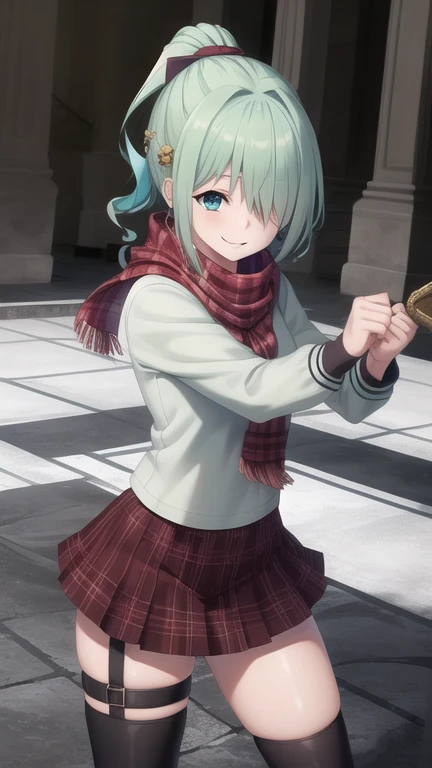 (masterpiece, best quality:1.2),illustration,8k,hd,1girl,solo,cowboy shot,aqua eyes,smile,scarf,hair ornament,brown hair,ponytail,skirt,,hair over one eye,long hair,thigh strap,plaid,black socks,asymmetrical legwear,fighting stance,loafers,dart hair ornament,