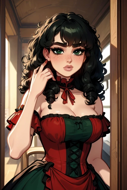 One girl, curly_hair, afro_hair, black_hair, long_hair, bangs, beautifull_face, detailed_face, pecas, slanted_eyes, slim_face, green_eyes, red_dress, princess_dress, neckline, victorian_dress,