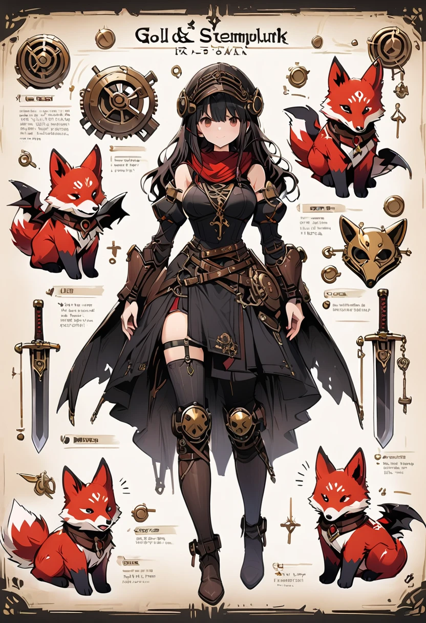 Framed Presentation of a gold steampunk, woman character design sheet, with detailed accessories, shoes, medieval equipament, swords, full body, perfect, ((masterpiece)), mechanical fox pet, shild, big shild