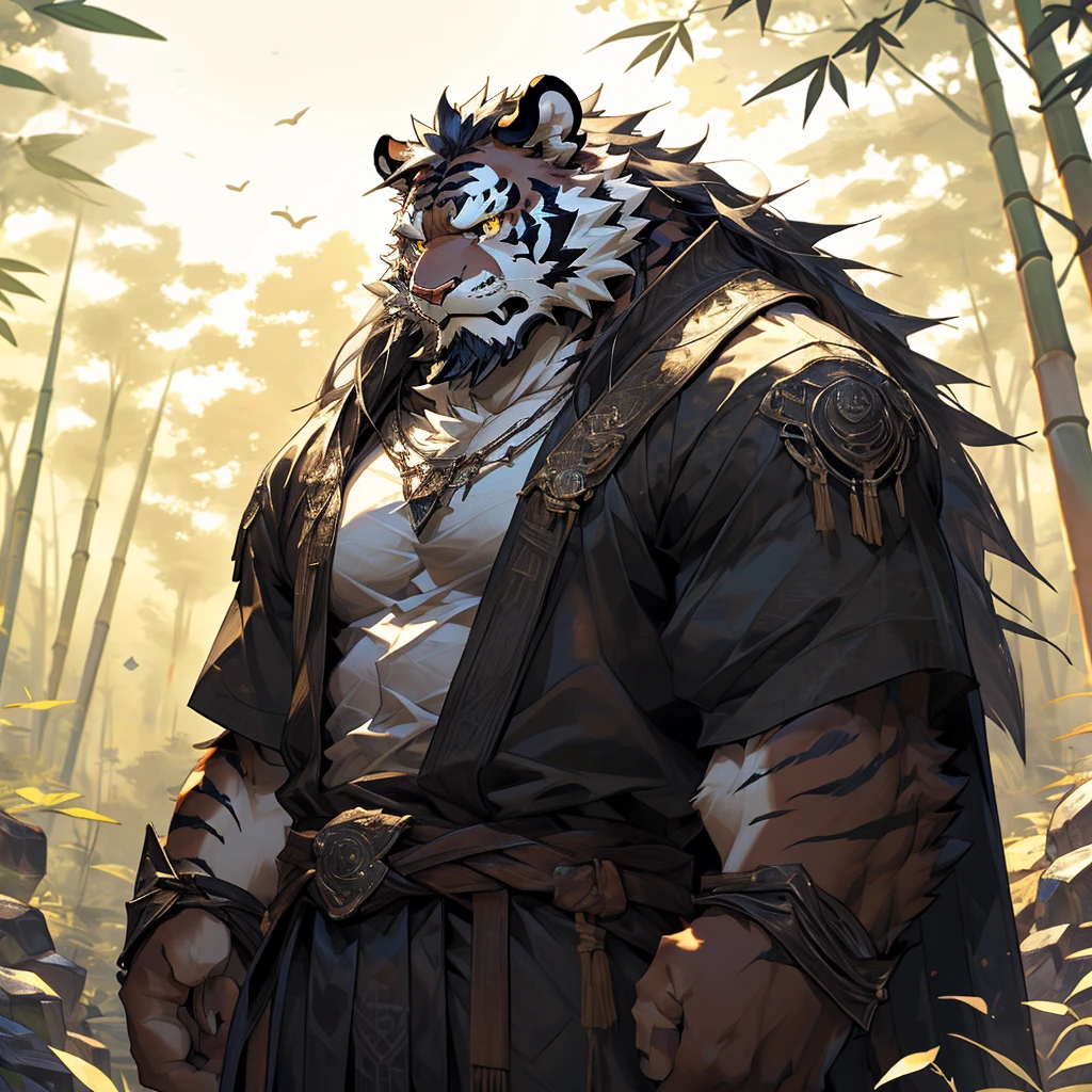 白色皮肤tiger),(黑白阴阳General战袍),Holding a long sword,坚Strong姿态,Stand calmly,(The background is a dark forest，Full of bamboo:1.2),abdominal muscles,Heroic Stance飒爽,完美的masterpiece,Various facial details,Perspective from a distance,specific description,masterpiece,CG,(Golden Eyes),Black and white pattern,Crimson Tail,General,Heroic Stance,tiger,Black and white fur,Specific facial details,Half Body,(黑白阴阳General战履),(Chang Ling),((middle aged)),(Face Focus),(16K),HD,Black and white belly，wilderness,beard,(Noodle),Different students,(Black and white yin and yang shirt),(Black and white hair),Strong,muscle,(high resolution:1.3),(Standing deep in the desolate bamboo forest),(close up),(Delicate face:1.5),Perfect details,(Half Body),(Facial details:1.5),(Zoom in on the face:1.5),(白色Noodle:1.2),(黑色beard:1.3),(white face;1.6),White body