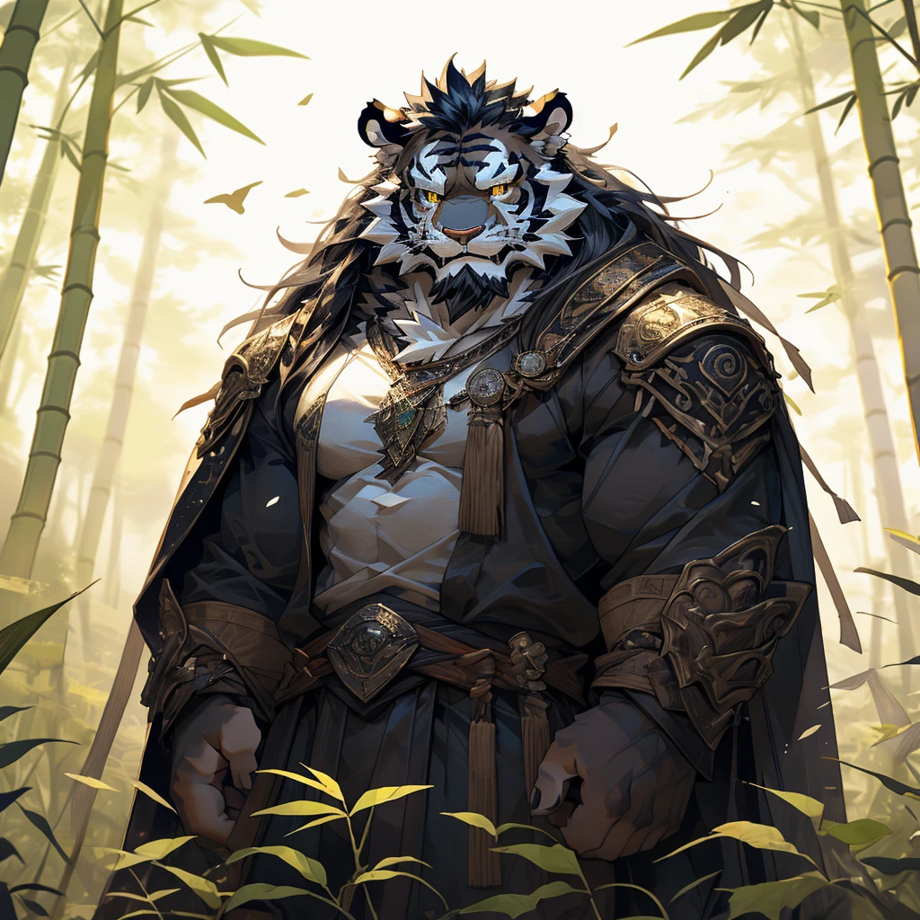 白色皮肤tiger),(黑白阴阳General战袍),Holding a long sword,坚Strong姿态,Stand calmly,(The background is a dark forest，Full of bamboo:1.2),abdominal muscles,Heroic Stance飒爽,完美的masterpiece,Various facial details,Perspective from a distance,specific description,masterpiece,CG,(Golden Eyes),Black and white pattern,Crimson Tail,General,Heroic Stance,tiger,Black and white fur,Specific facial details,Half Body,(黑白阴阳General战履),(Chang Ling),((middle aged)),(Face Focus),(16K),HD,Black and white belly，wilderness,beard,(Noodle),Different students,(Black and white yin and yang shirt),(Black and white hair),Strong,muscle,(high resolution:1.3),(Standing deep in the desolate bamboo forest),(close up),(Delicate face:1.5),Perfect details,(Half Body),(Facial details:1.5),(Zoom in on the face:1.5),(白色Noodle:1.2),(黑色beard:1.3),(white face;1.6),White body