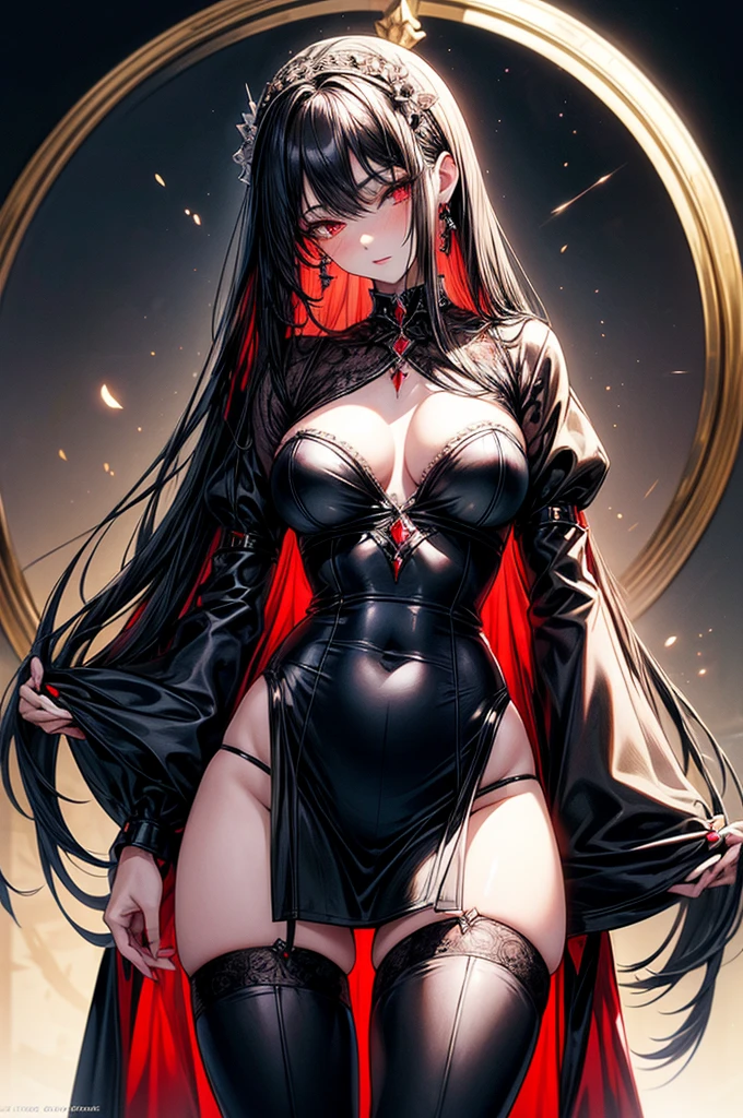 masterpiece, super detailed, precision art, beautiful young woman, 18 years old, waist length straight silky black hair,  flawless pale white skin, beautiful blood red eyes, symmetrical face, sexy and beautiful but dangerous and deadly, staring into her eyes is as if you are being marked by a predator, thick and plump blood red lips, slender and athletic body, modest breasts, modest curves, small round ass, tall height(180cm), wearing elegant yet battle ready French maid uniform, thigh-high stockings and detached sleeves, hip level shot
